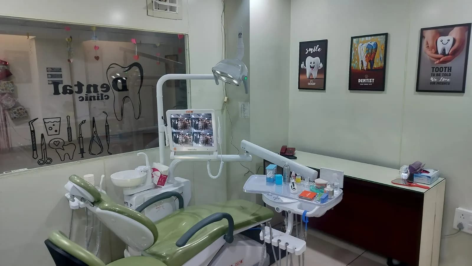 The treatment room seen from the doorway, with the chair on the left.